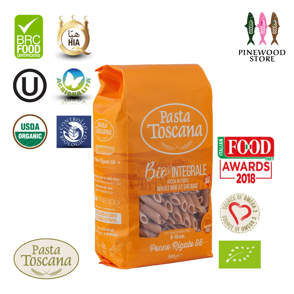 Pasta Toscana Premium Organic Whole Wheat Pasta with Omega 3-Penne Rigate #98